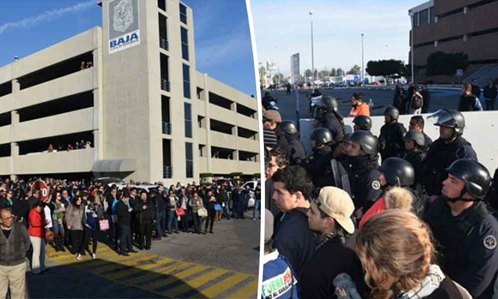 Manifestantes no permiten trabajar a burócratas en centro cívico, llegan antimotines: Mexicali