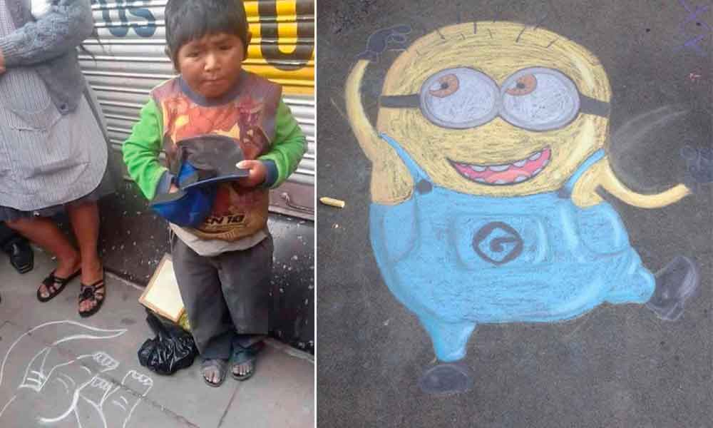 Niño dibuja en las calles para mantener a su familia