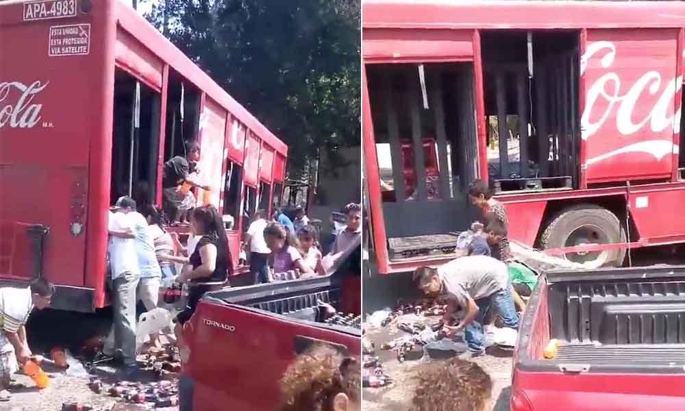 Hasta niños se unen para saquear un camión de refrescos en México