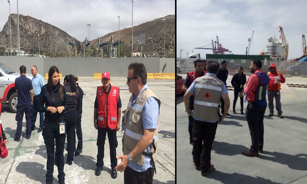 Participa Protección Civil de Ensenada en simulacro por temblor en oficinas de Aduana Marítima y SAT
