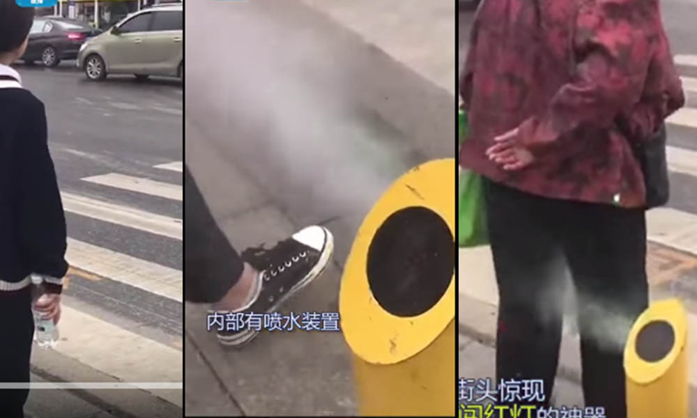 Utilizan “semáforos”que disparan agua a peatones imprudentes (VIDEO)