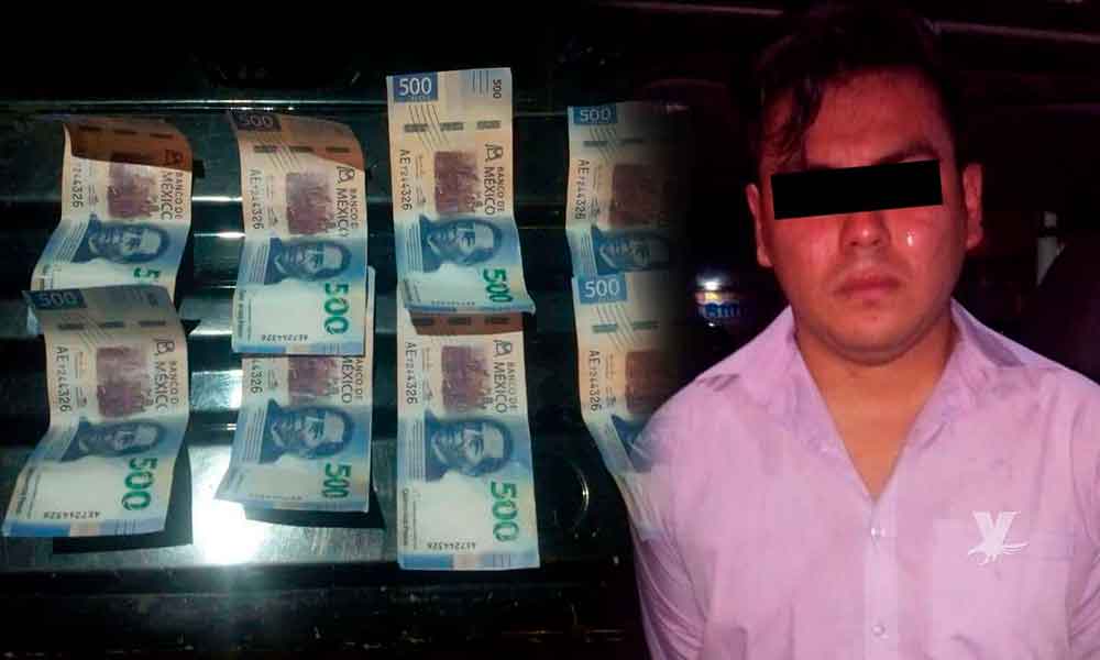 Hombre detenido portaba billetes falsos de los nuevos $500 pesos