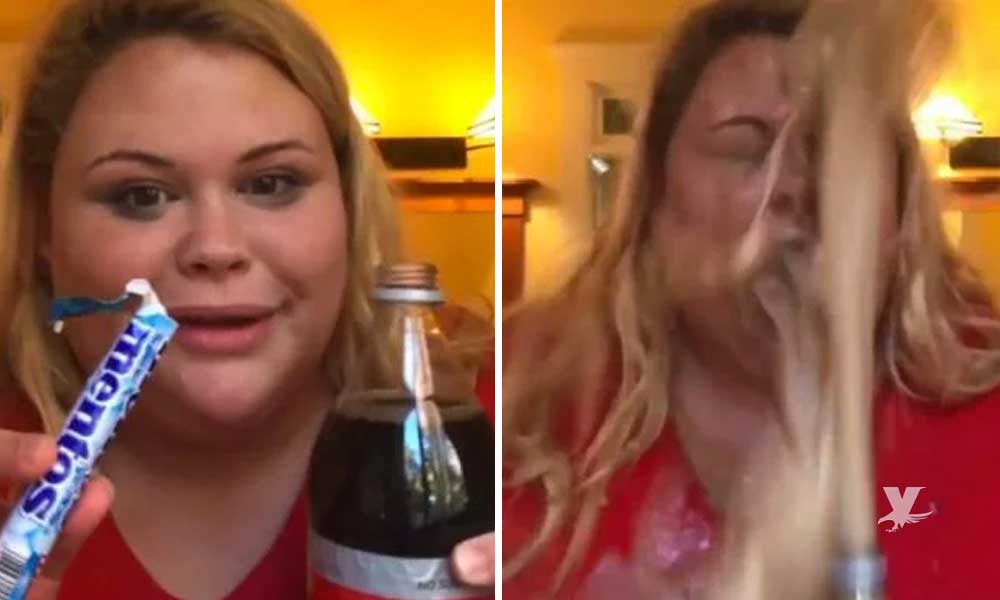 (VIDEO) Mujer mezcla mentas con Coca-Cola y sufre cómico accidente