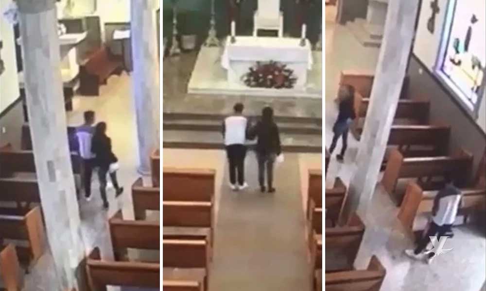 (VIDEO) Pareja es capturada tras robar dinero de las limosnas en una parroquia