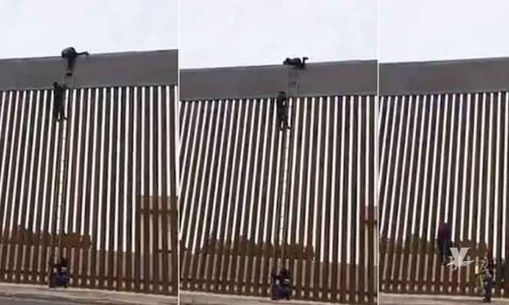 (VIDEO) En Mexicali utilizan escalera para brincar nuevo muro fronterizo