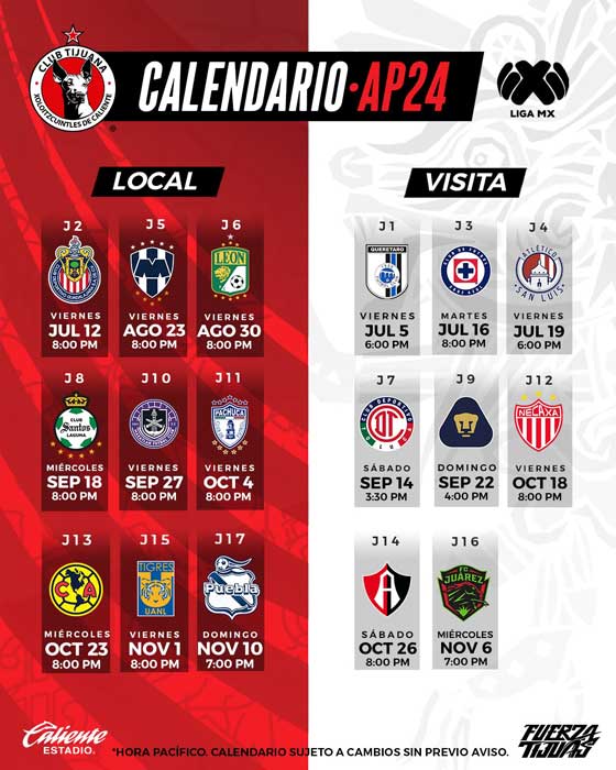 Ya está aquí el calendario de Xolos Tijuana para este Apertura 2024